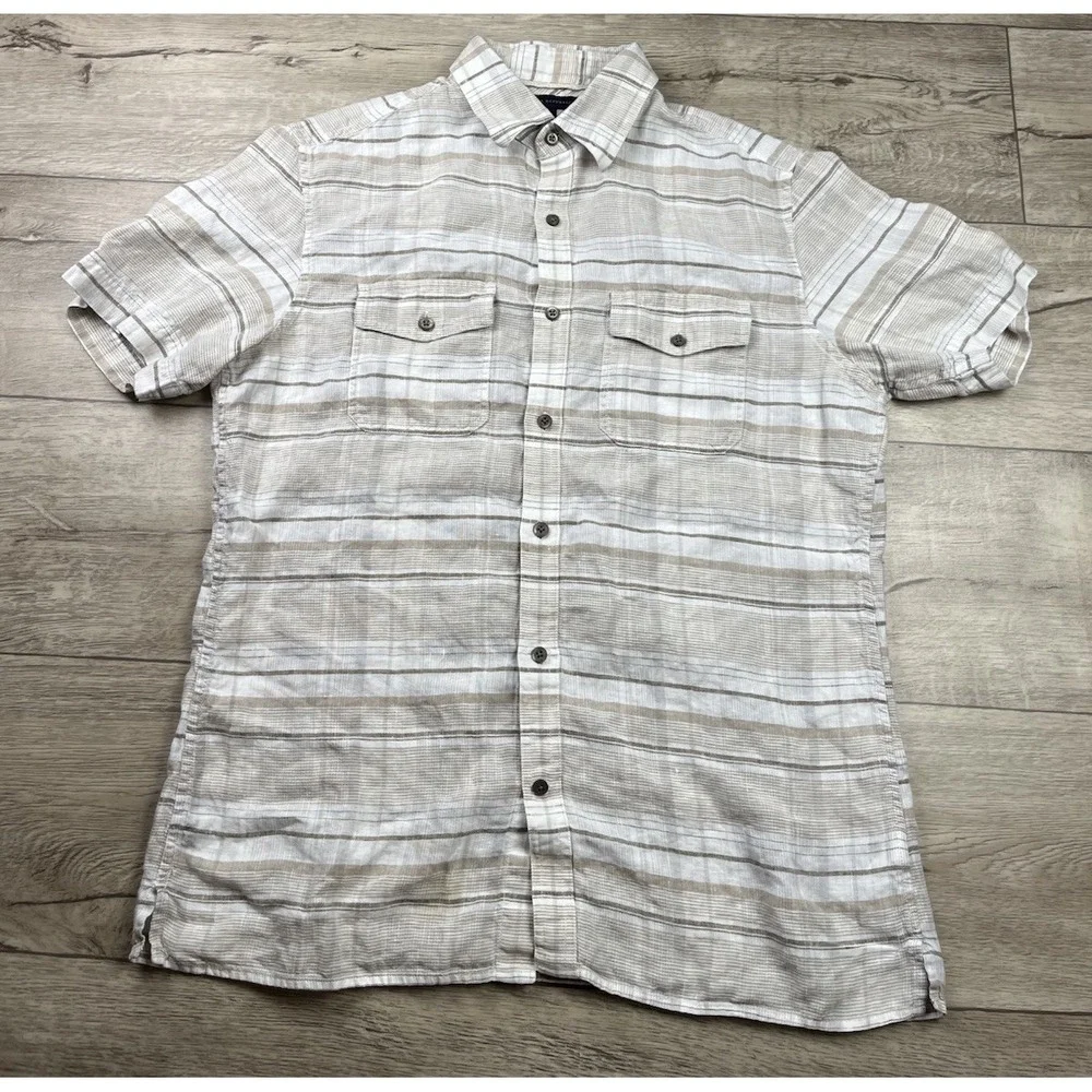 Banana Republic Men's Medium 100% Linen Short Sleeve Shirt Coastal Beige Brown